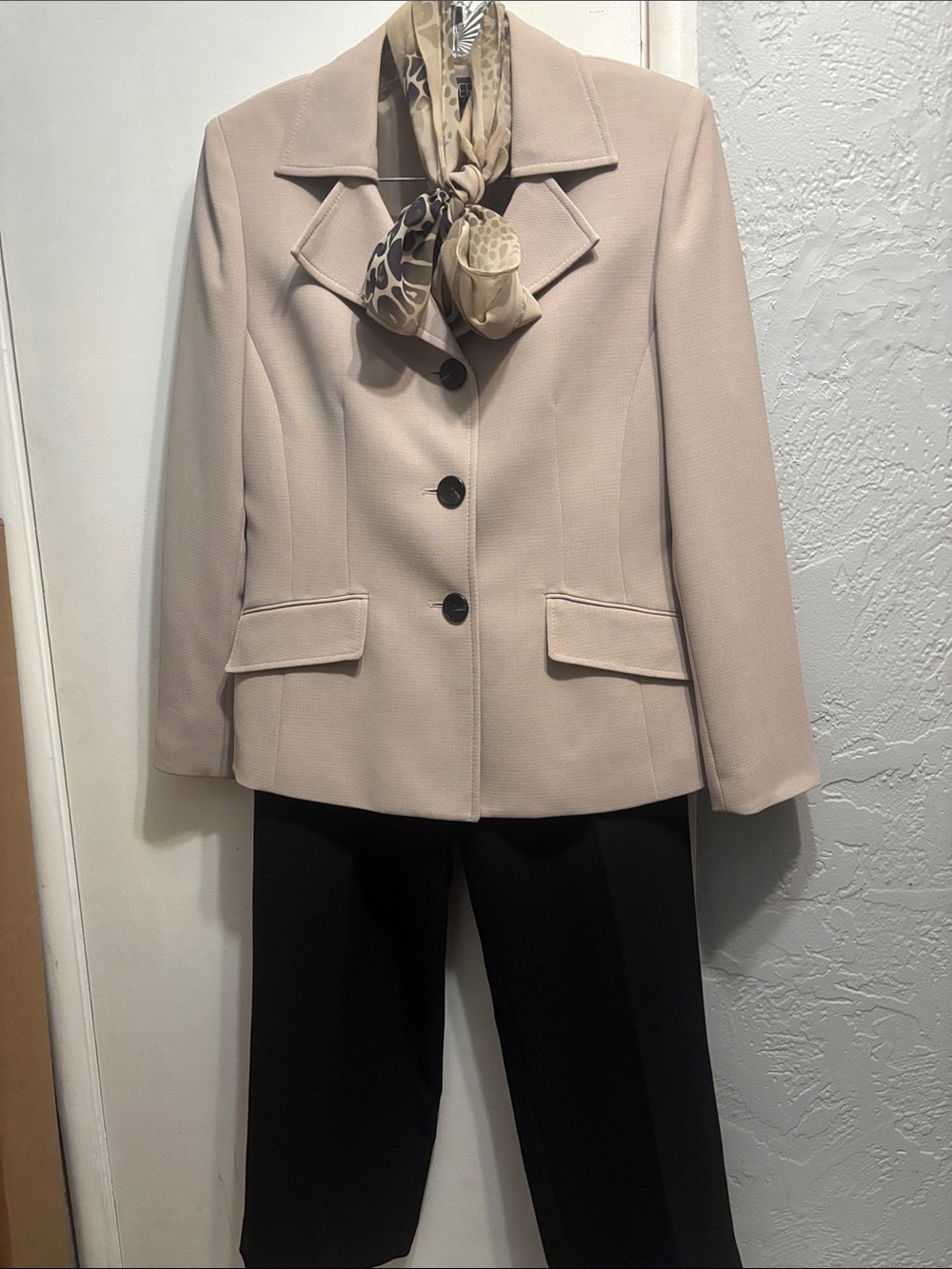 Kasper Beige Women's Three-Button Blazer with tailored brown pants